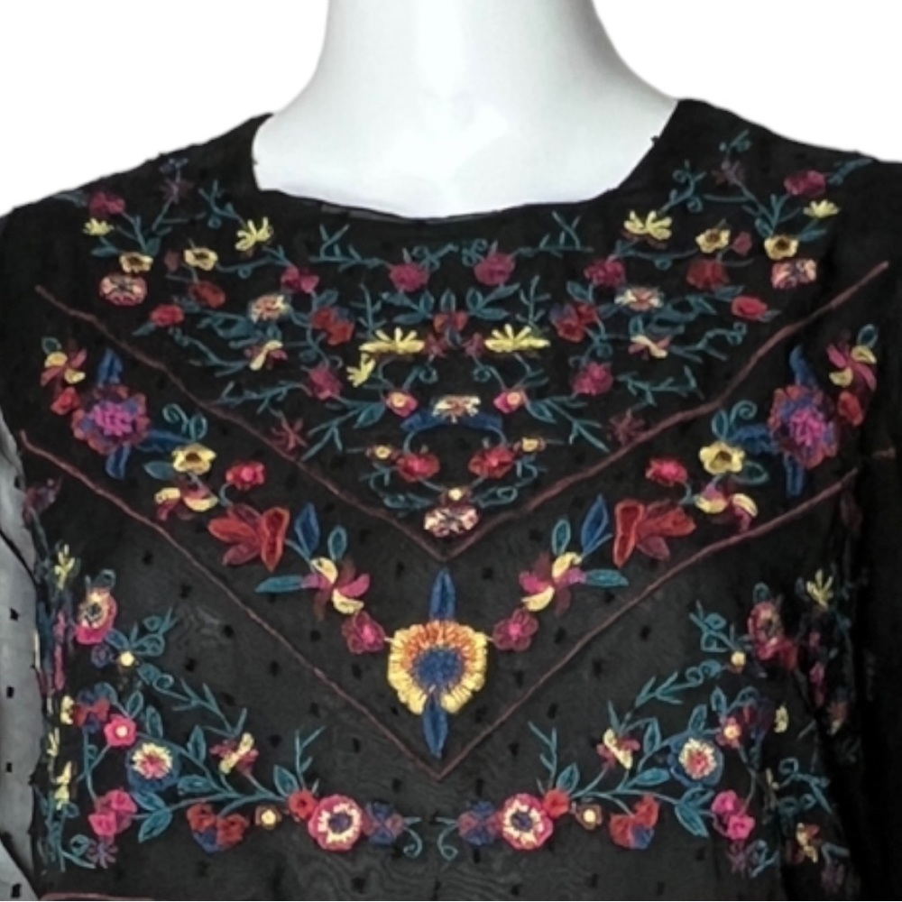 Black Embroidered Peplum Blouse with Sheer Sleeves - Picture 5 of 9